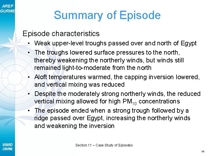 AREP GURME Summary of Episode characteristics • Weak upper-level troughs passed over and north