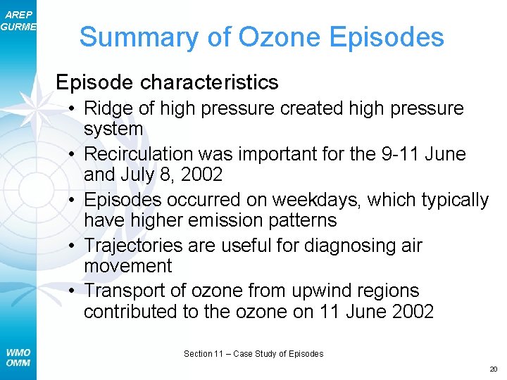 AREP GURME Summary of Ozone Episodes Episode characteristics • Ridge of high pressure created