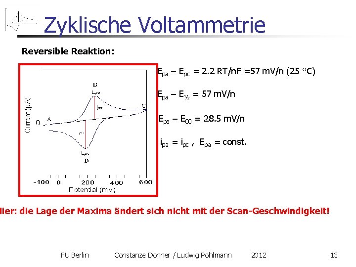 Zyklische Voltammetrie Reversible Reaktion: Epa – Epc = 2. 2 RT/n. F =57 m.