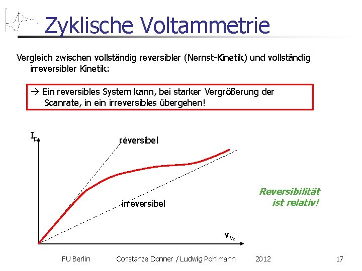 Zyklische Voltammetrie Vergleich zwischen vollständig reversibler (Nernst-Kinetik) und vollständig irreversibler Kinetik: Ein reversibles System