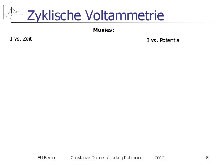Zyklische Voltammetrie Movies: I vs. Zeit I vs. Potential FU Berlin Constanze Donner /