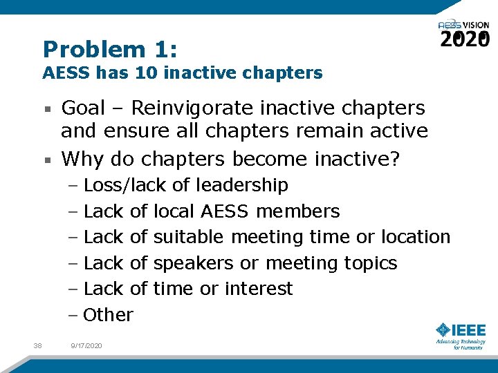 Problem 1: AESS has 10 inactive chapters Goal – Reinvigorate inactive chapters and ensure