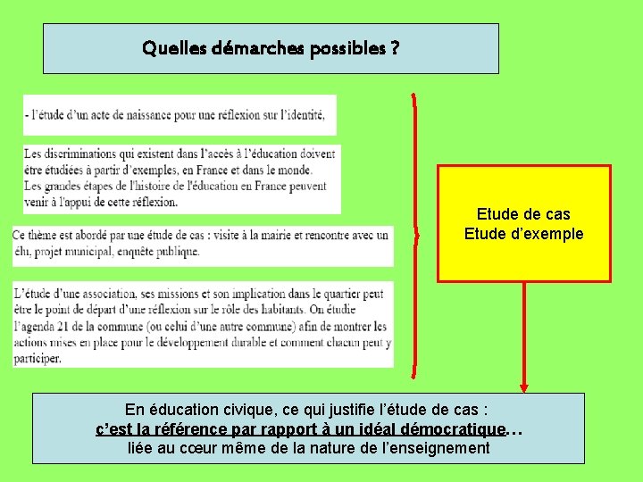 Quelles démarches possibles ? Etude de cas Etude d’exemple En éducation civique, ce qui