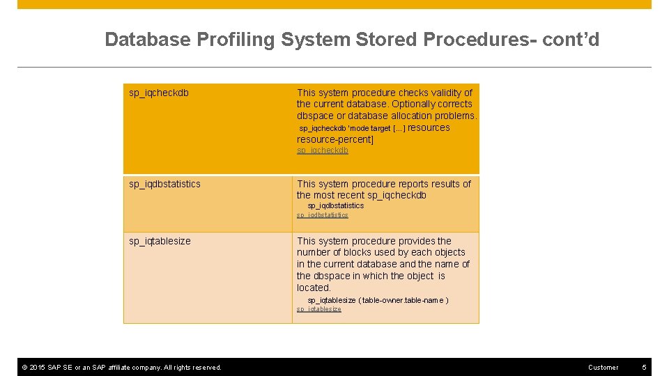 Database Profiling System Stored Procedures- cont’d sp_iqcheckdb This system procedure checks validity of the