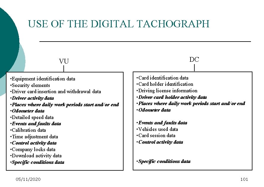 USE OF THE DIGITAL TACHOGRAPH DC VU • Equipment identification data • Security elements
