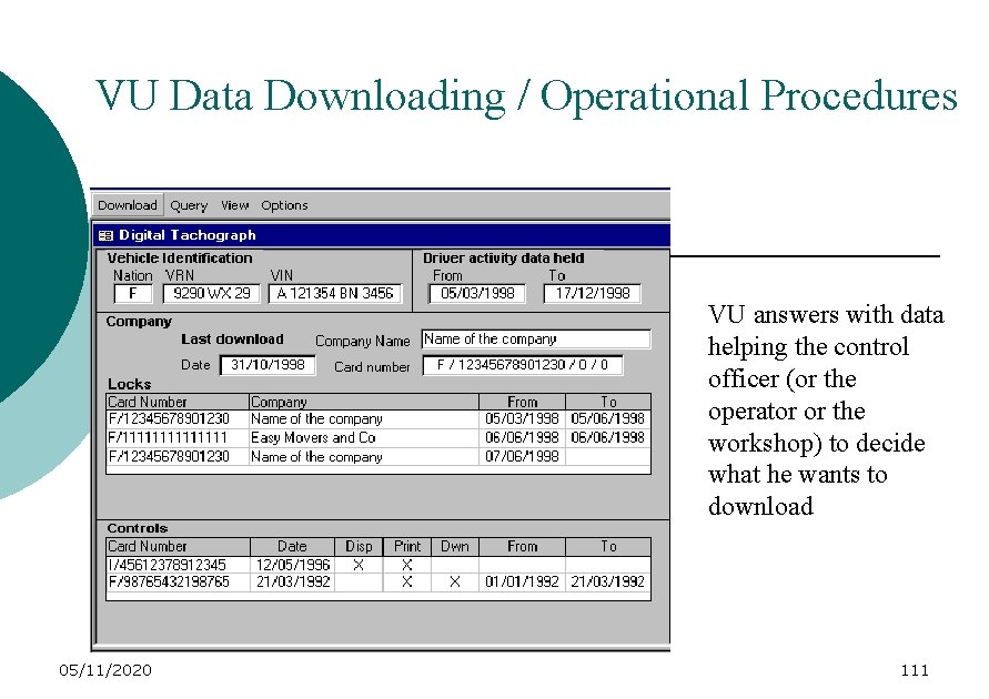 VU Data Downloading / Operational Procedures VU answers with data helping the control officer