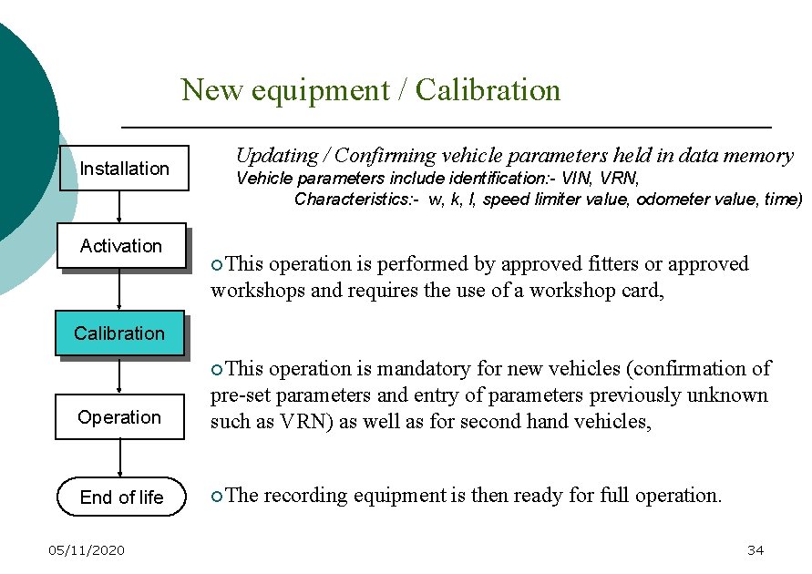 New equipment / Calibration Installation Activation Updating / Confirming vehicle parameters held in data