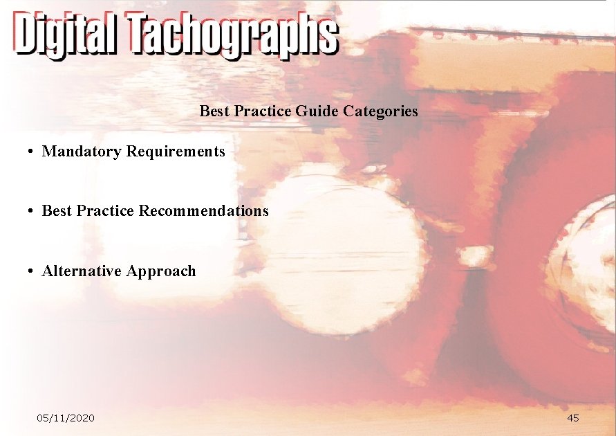 Best Practice Guide Categories • Mandatory Requirements • Best Practice Recommendations • Alternative Approach