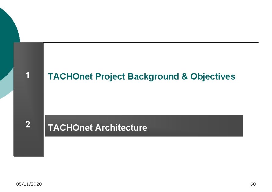 1 TACHOnet Project Background & Objectives 2 TACHOnet Architecture 05/11/2020 60 
