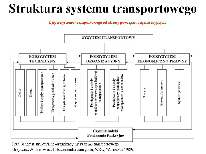 Struktura systemu transportowego Ujęcie systemu transportowego od strony powiązań organizacyjnych Rys. Schemat strukturalno-organizacyjny systemu