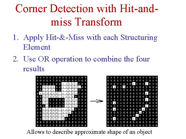 Corner Detection with Hit-andmiss Transform 1. Apply Hit-&-Miss with each Structuring Element 2. Use