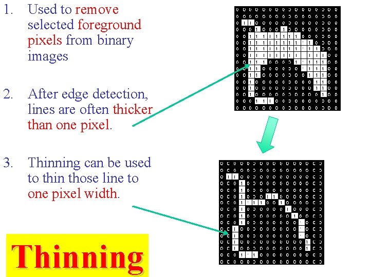 1. Used to remove selected foreground pixels from binary images 2. After edge detection,