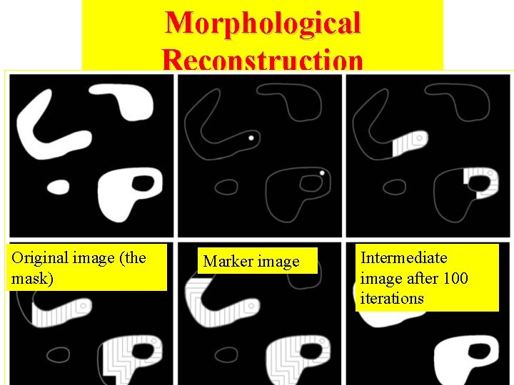 Morphological Reconstruction Original image (the mask) Marker image Intermediate image after 100 iterations 