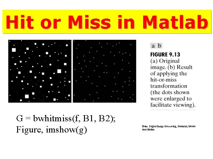 Hit or Miss in Matlab G = bwhitmiss(f, B 1, B 2); Figure, imshow(g)