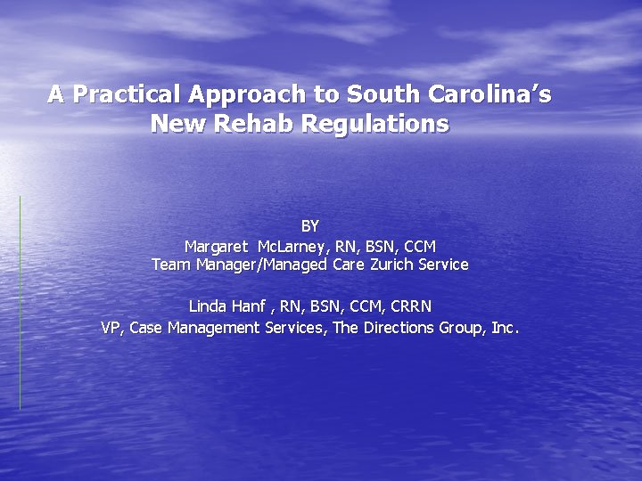 A Practical Approach to South Carolina’s New Rehab Regulations BY Margaret Mc. Larney, RN,