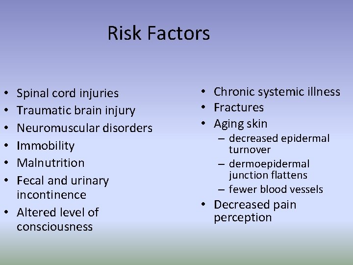 Risk Factors Spinal cord injuries Traumatic brain injury Neuromuscular disorders Immobility Malnutrition Fecal and