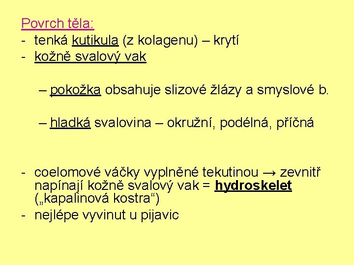 Povrch těla: - tenká kutikula (z kolagenu) – krytí - kožně svalový vak –