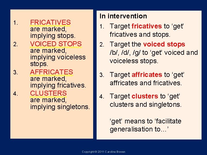 1. 2. 3. 4. FRICATIVES are marked, implying stops. VOICED STOPS are marked, implying