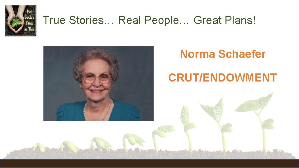 True Stories… Real People… Great Plans! Norma Schaefer CRUT/ENDOWMENT 