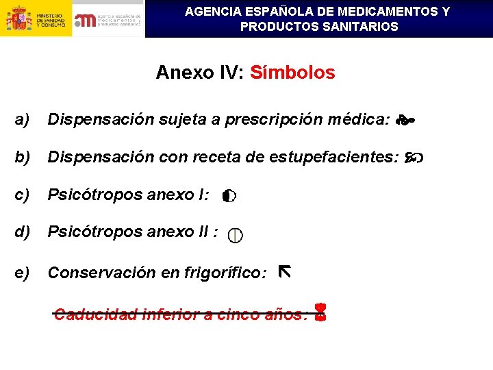 AGENCIA ESPAÑOLA DE MEDICAMENTOS Y PRODUCTOS SANITARIOS Anexo IV: Símbolos a) Dispensación sujeta a