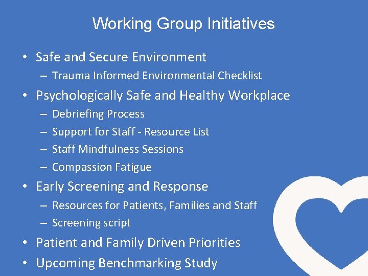 Working Group Initiatives • Safe and Secure Environment – Trauma Informed Environmental Checklist •