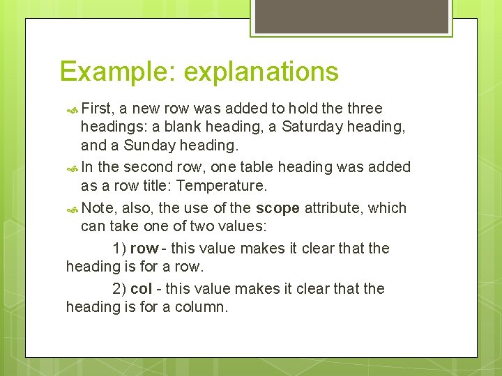 Example: explanations First, a new row was added to hold the three headings: a