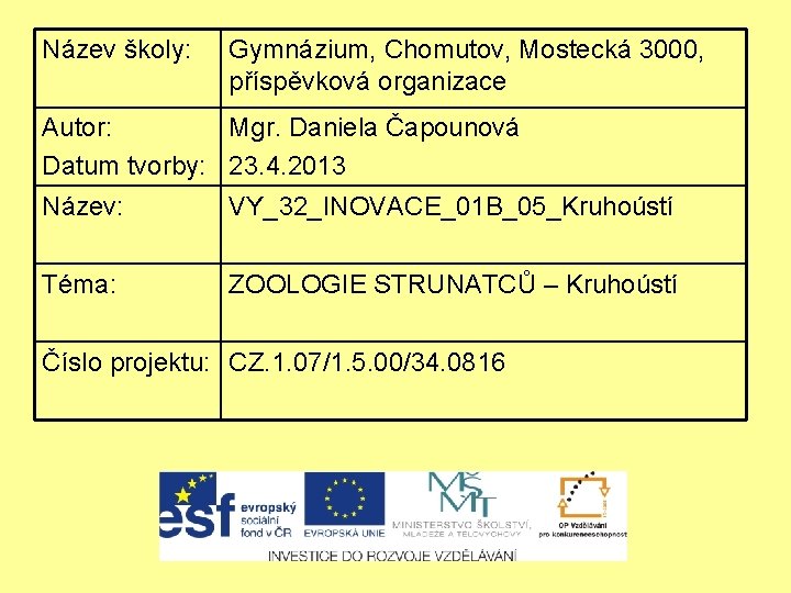 Název školy: Gymnázium, Chomutov, Mostecká 3000, příspěvková organizace Autor: Mgr. Daniela Čapounová Datum tvorby: