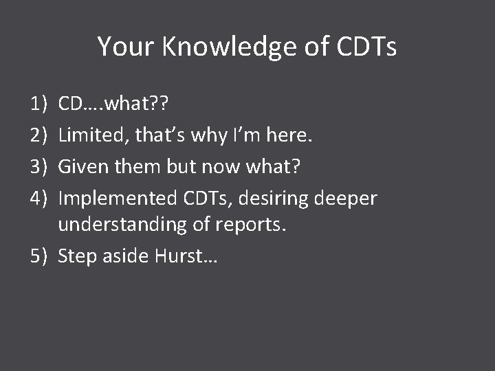 Your Knowledge of CDTs 1) 2) 3) 4) CD…. what? ? Limited, that’s why