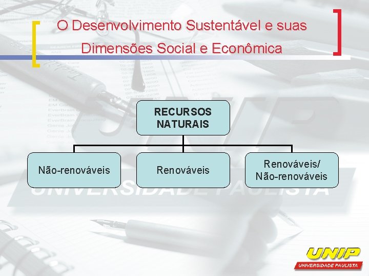 O Desenvolvimento Sustentável e suas Dimensões Social e Econômica RECURSOS NATURAIS Não-renováveis Renováveis/ Não-renováveis