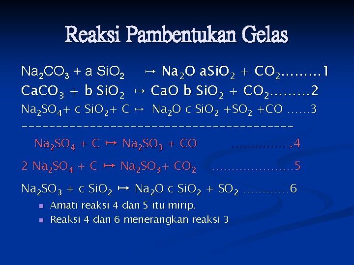 Reaksi Pambentukan Gelas Na 2 CO 3 + a Si. O 2 ↦ Na