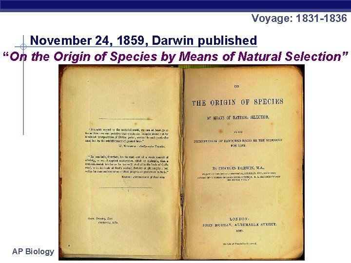 Voyage: 1831 -1836 November 24, 1859, Darwin published “On the Origin of Species by