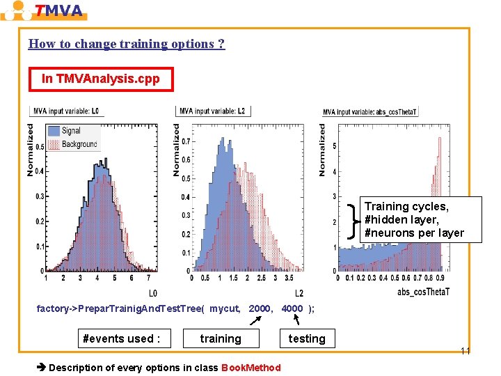 How to change training options ? In TMVAnalysis. cpp Training cycles, #hidden layer, #neurons How to change training options ? In TMVAnalysis. cpp Training cycles, #hidden layer, #neurons