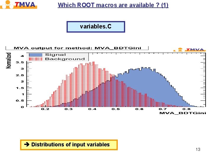 Which ROOT macros are available ? (1) variables. C Distributions of input variables 13 Which ROOT macros are available ? (1) variables. C Distributions of input variables 13