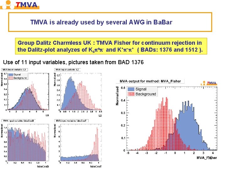 TMVA is already used by several AWG in Ba. Bar Group Dalitz Charmless UK TMVA is already used by several AWG in Ba. Bar Group Dalitz Charmless UK