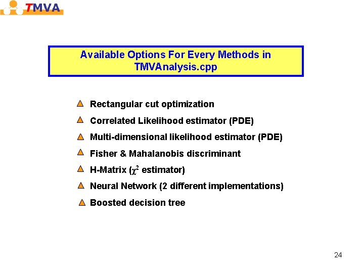 Available Options For Every Methods in TMVAnalysis. cpp Rectangular cut optimization Correlated Likelihood estimator Available Options For Every Methods in TMVAnalysis. cpp Rectangular cut optimization Correlated Likelihood estimator