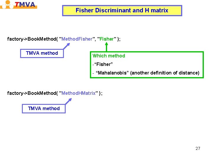 Fisher Discriminant and H matrix factory->Book. Method( "Method. Fisher", "Fisher" ); TMVA method Which Fisher Discriminant and H matrix factory->Book. Method( "Method. Fisher", "Fisher" ); TMVA method Which