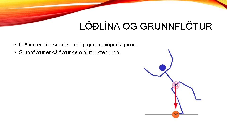 LÓÐLÍNA OG GRUNNFLÖTUR • Lóðlína er lína sem liggur í gegnum miðpunkt jarðar •