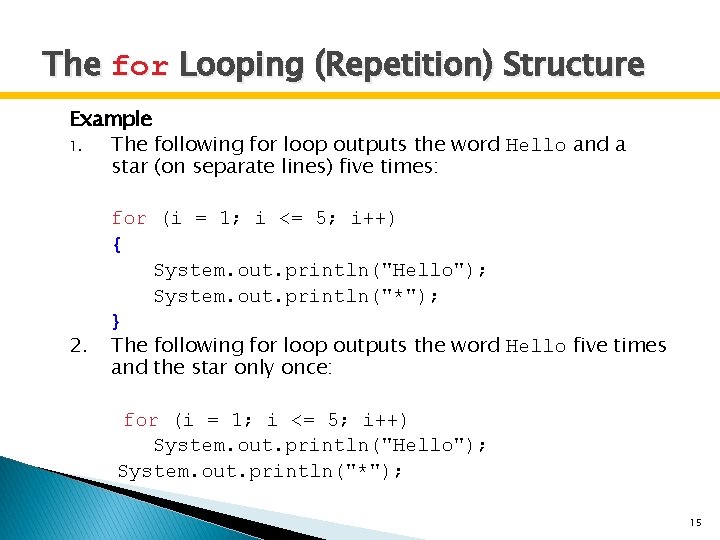The for Looping (Repetition) Structure Example 1. The following for loop outputs the word