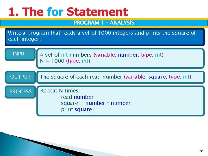 1. The for Statement PROGRAM 1 – ANALYSIS Write a program that reads a