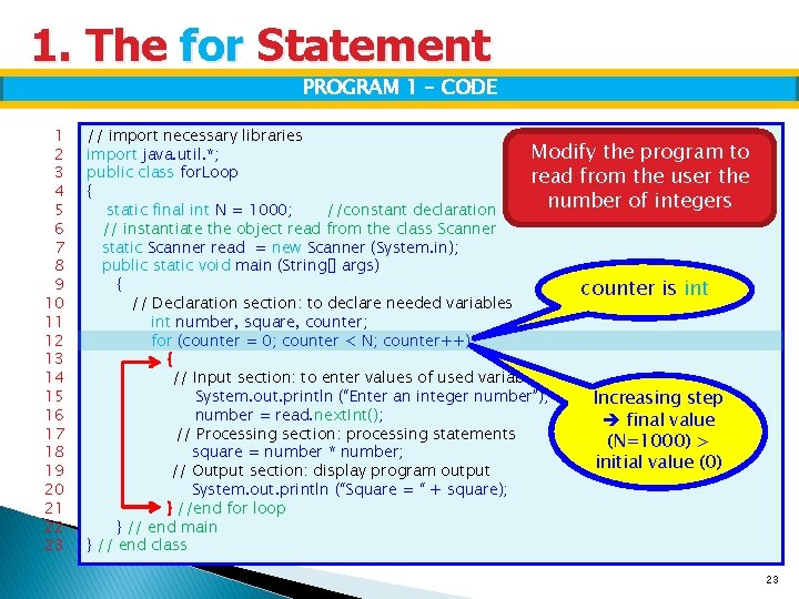 1. The for Statement PROGRAM 1 – CODE 1 2 3 4 5 6