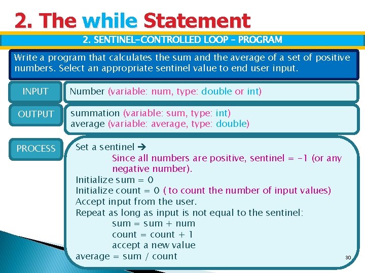 2. The while Statement 2. SENTINEL-CONTROLLED LOOP – PROGRAM Write a program that calculates