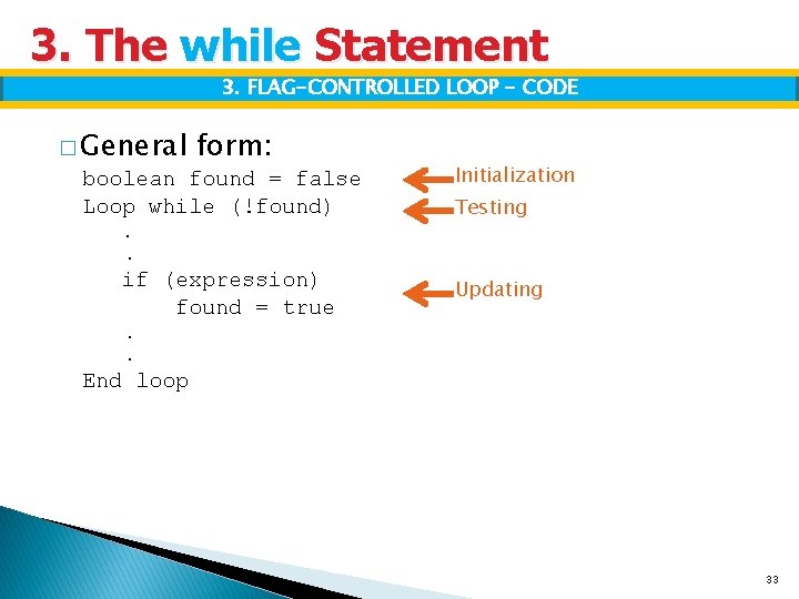 3. The while Statement 3. FLAG-CONTROLLED LOOP - CODE � General form: boolean found