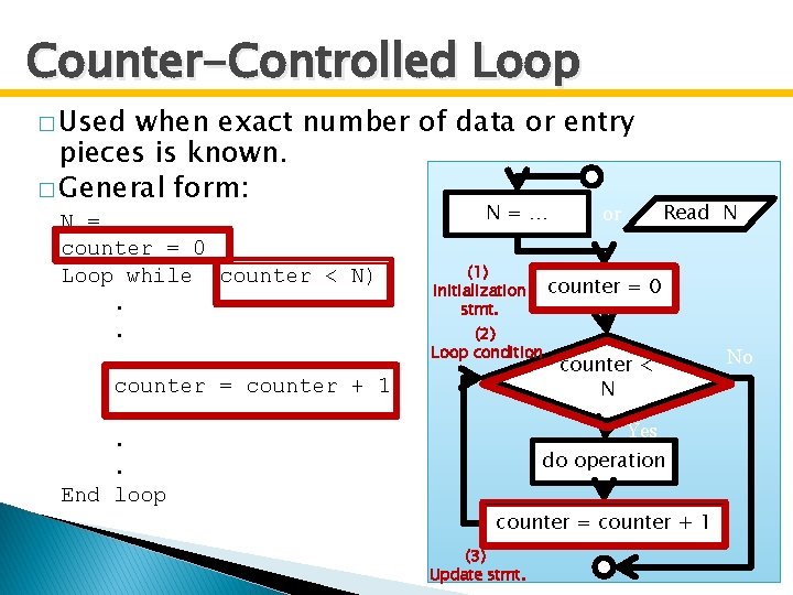 Counter-Controlled Loop � Used when exact number of data or entry pieces is known.