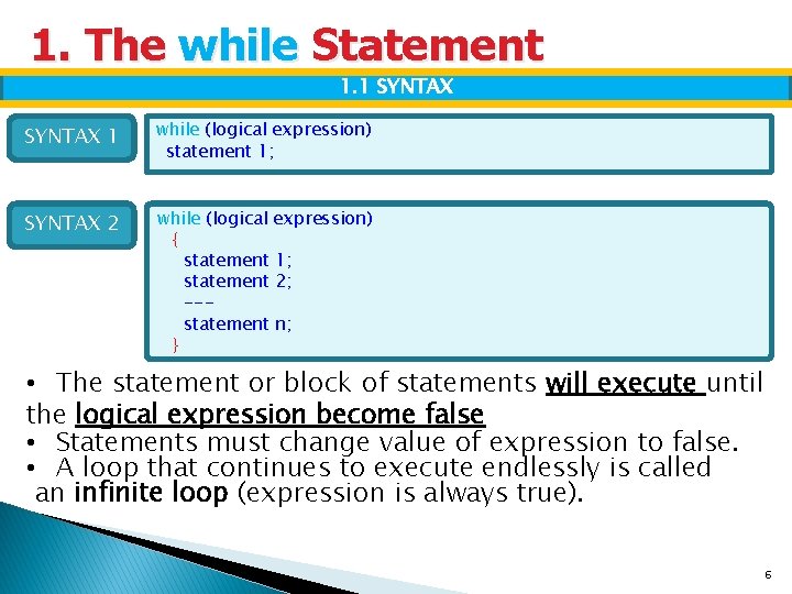 1. The while Statement 1. 1 SYNTAX 1 while (logical expression) statement 1; SYNTAX