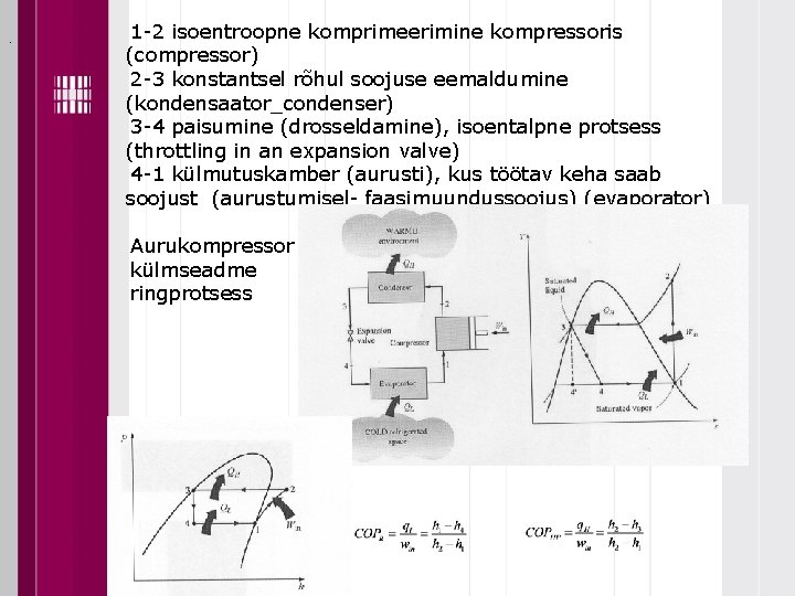 . 1 -2 isoentroopne komprimeerimine kompressoris (compressor) 2 -3 konstantsel rõhul soojuse eemaldumine (kondensaator_condenser)