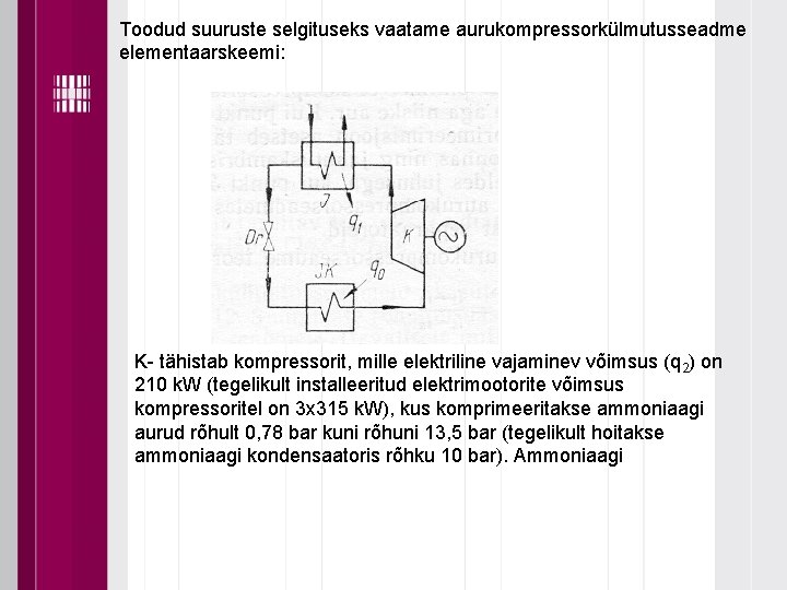 Toodud suuruste selgituseks vaatame aurukompressorkülmutusseadme elementaarskeemi: K- tähistab kompressorit, mille elektriline vajaminev võimsus (q