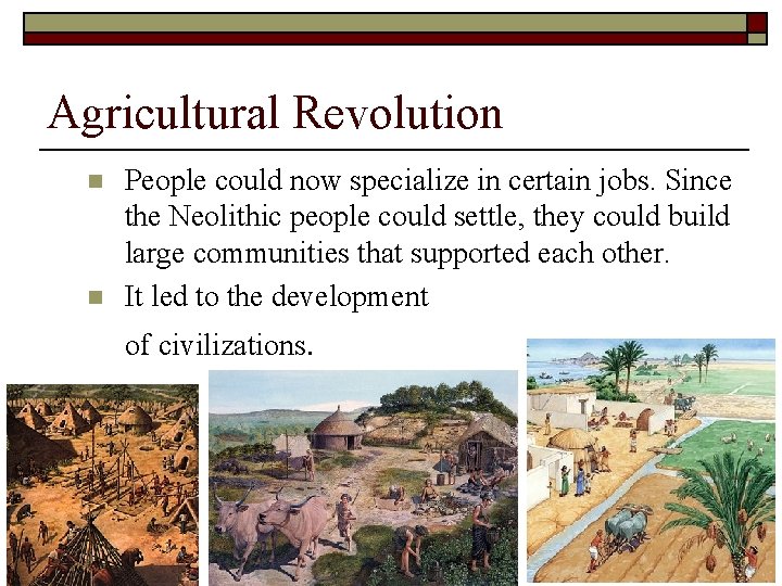 Agricultural Revolution n n People could now specialize in certain jobs. Since the Neolithic