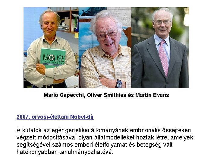 Mario Capecchi, Oliver Smithies és Martin Evans 2007. orvosi-élettani Nobel-díj A kutatók az egér