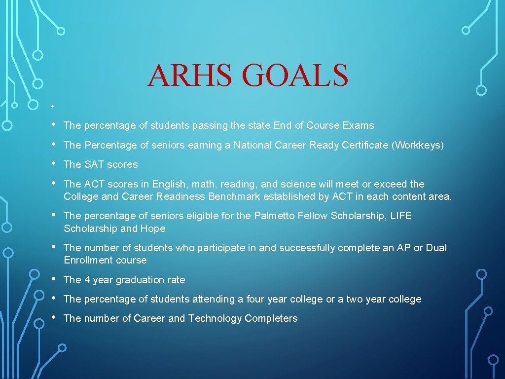 ARHS GOALS • • • The percentage of students passing the state End of ARHS GOALS • • • The percentage of students passing the state End of
