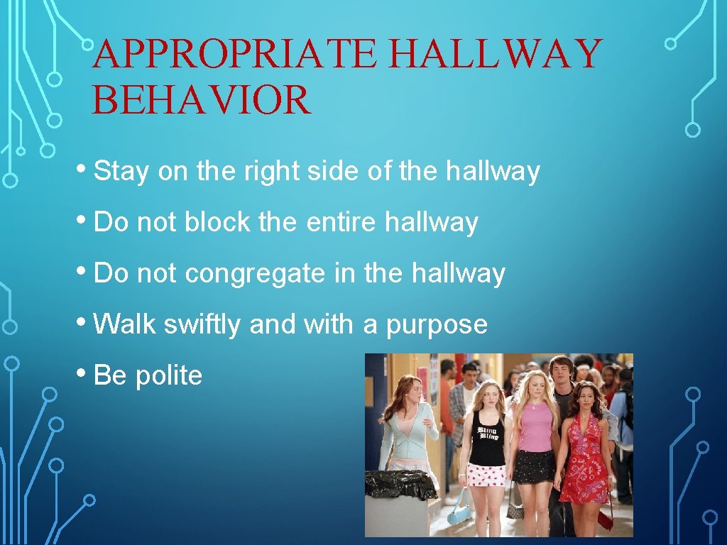 APPROPRIATE HALLWAY BEHAVIOR • Stay on the right side of the hallway • Do APPROPRIATE HALLWAY BEHAVIOR • Stay on the right side of the hallway • Do